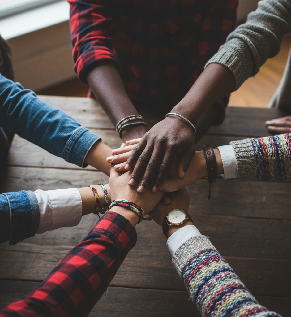 A diverse group of five people stack their hands together over a rustic wooden table.